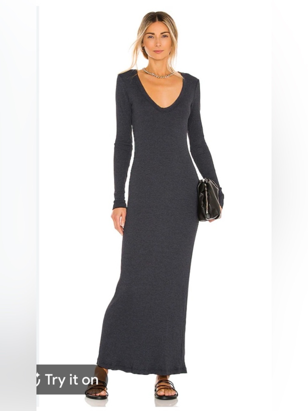NWT James Perse Long-Sleeved V-Neck Ribbed Maxi Dress in Soft Black - Size L